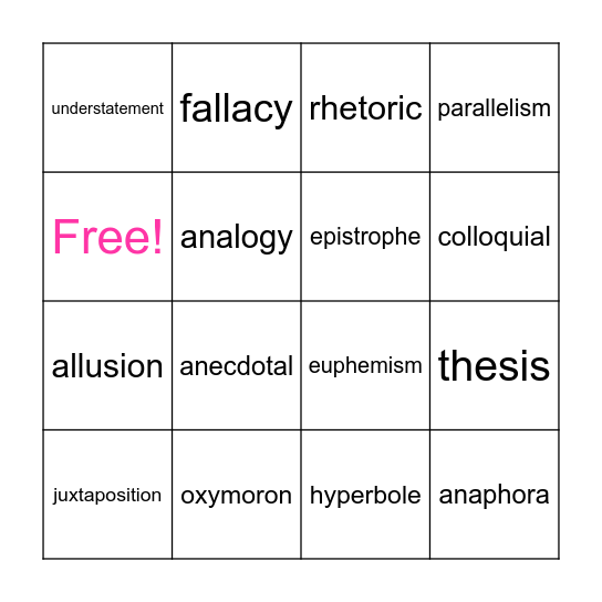 Vocabulary Bingo Card