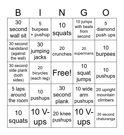 Conditioning Bingo V1 Bingo Card