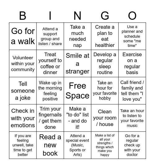 Self-Care Bingo Card