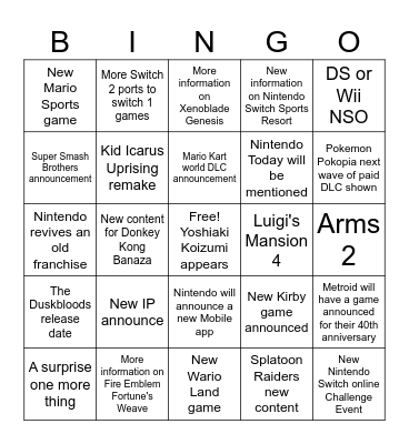 Nintendo Direct September 9th 2026 Bingo Card