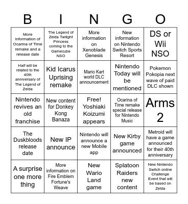 September Nintendo Direct 2026 Bingo Card