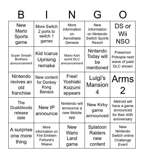 Nintendo Direct September 9th 2026 Bingo Card