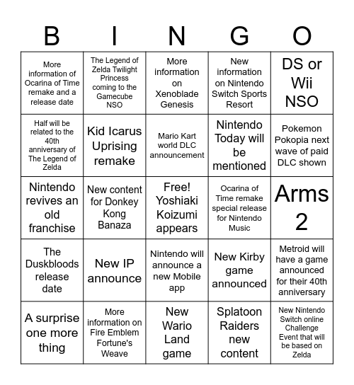 September Nintendo Direct 2026 Bingo Card