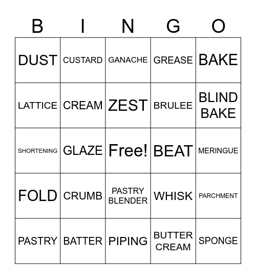 Baking Terms BINGO Card