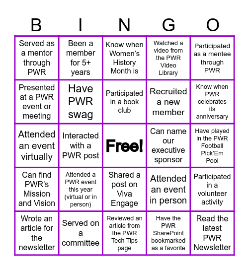 PWR 10th Anniversary Bingo Card