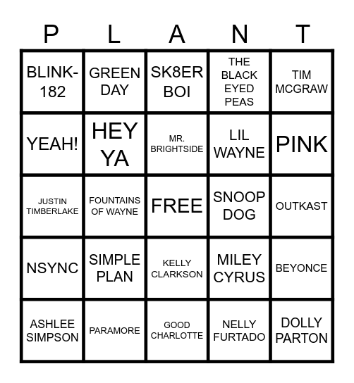 PLANT SOCIAL - 90'S - 2000'S MUSIC Bingo Card