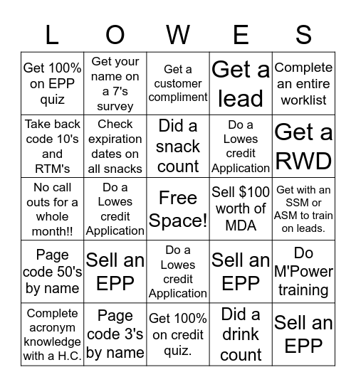 Lowes Bingo  Bingo Card