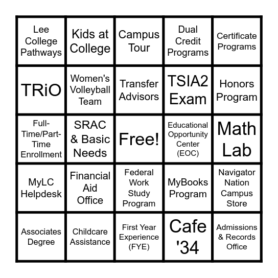 Lee College Bingo Card