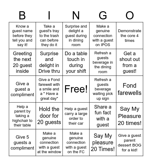 FOH and DT Hospitality Bingo! Bingo Card