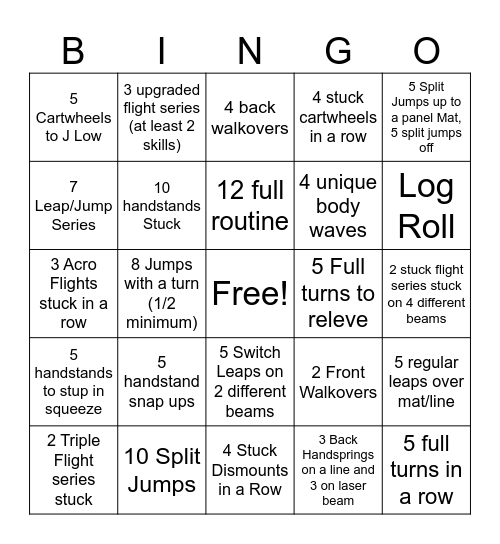 Gymnastics Bingo: Gold/Platinum Bingo Card