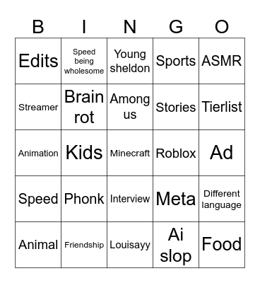 YouTube shorts Bingo Card