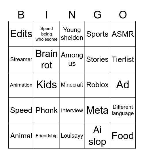 YouTube shorts Bingo Card