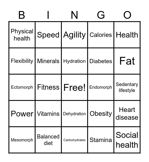 Health, Fitness and Wellbeing Bingo Card