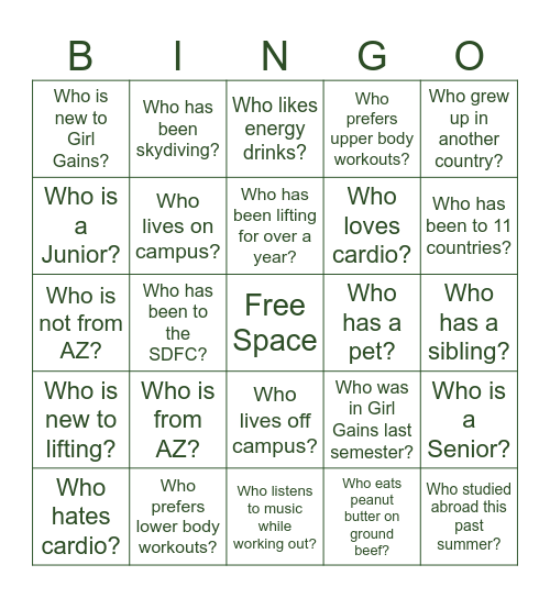 Girl Gains Social Bingo Card