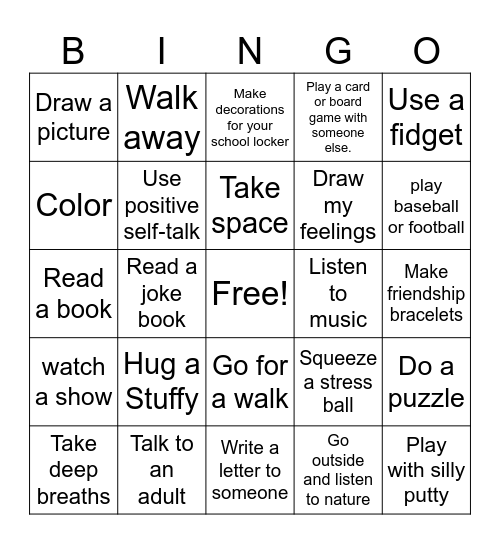 Coping Skills Bingo Card