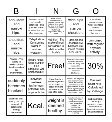 Health, Fitness and Wellbeing Bingo Card