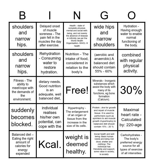 Health, Fitness and Wellbeing Bingo Card