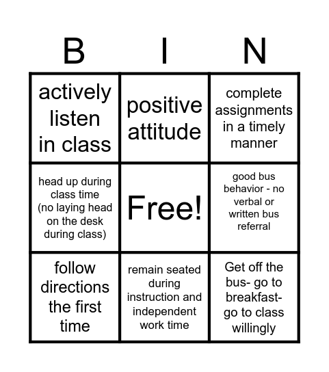 Behavior Bingo Card Bingo Card