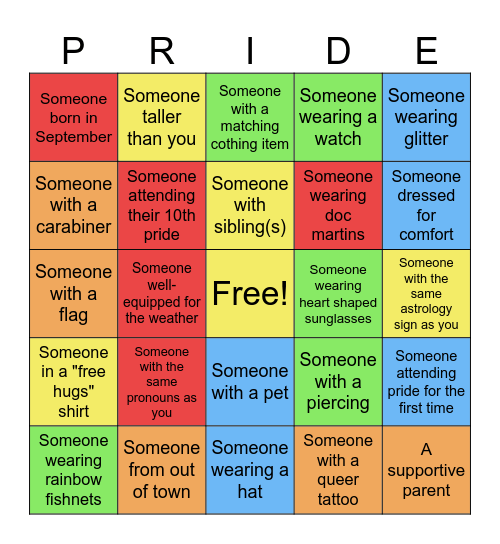 Pride Parade Bingo Card