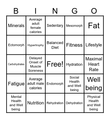 Health, Fitness and Wellbeing Bingo Card