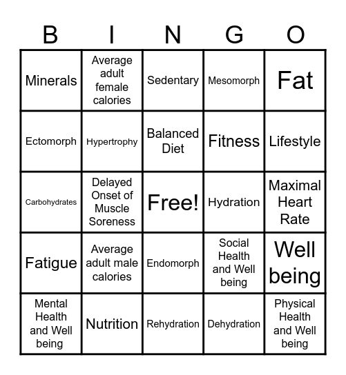 Health, Fitness and Wellbeing Bingo Card