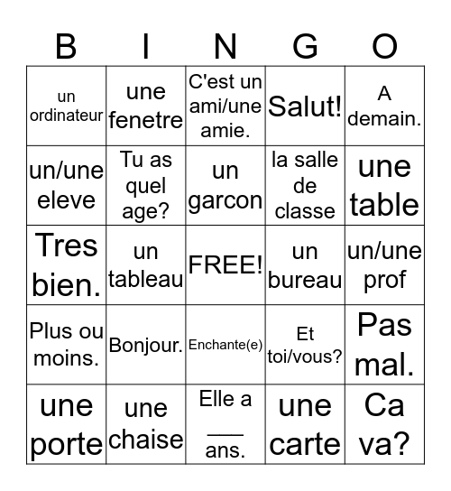 FRANCAIS, CHAPITRE 1 Bingo Card