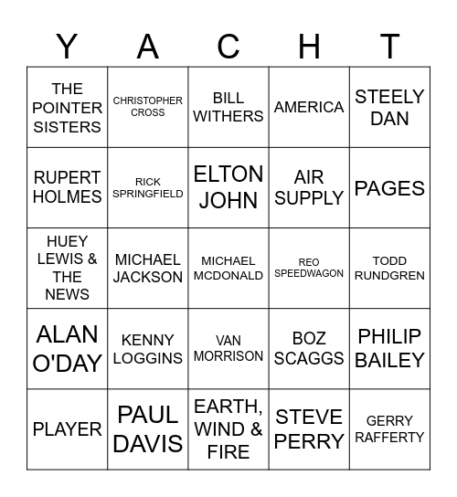 YACHT ROCK BINGO Card