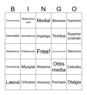 Directional, Skin, Lesions, Sensory Bingo Card