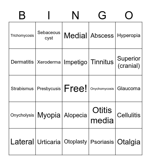 Directional, Skin, Lesions, Sensory Bingo Card