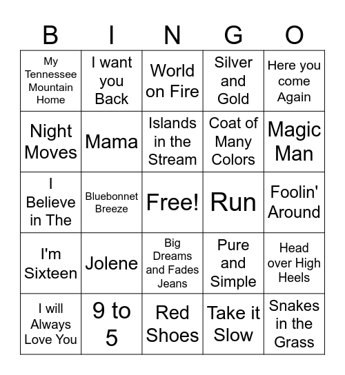 Dolly Parton Game 1 Bingo Card