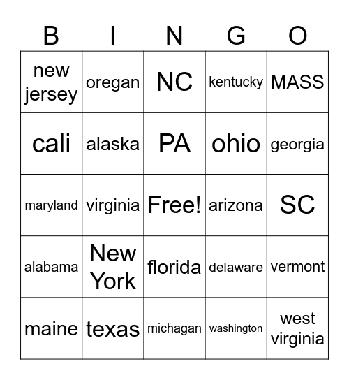 states Bingo Card