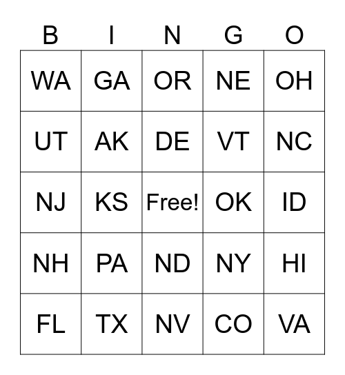 State Bingo Card