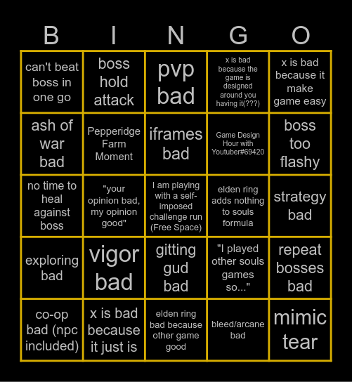 The Giga Brain Elden Ring Critique Bingo Card