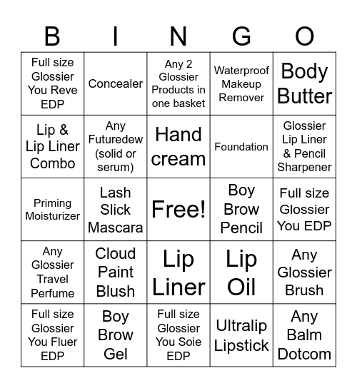 Glossier Bingo Card