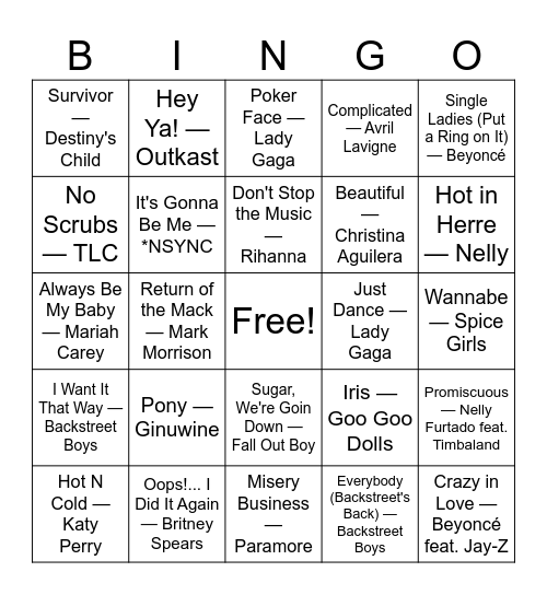 Hits from the 90s & 2000's Bingo Card
