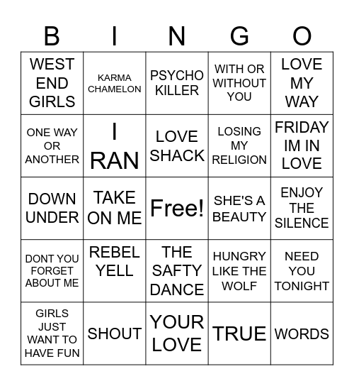 80's WAVE BANDS Bingo Card