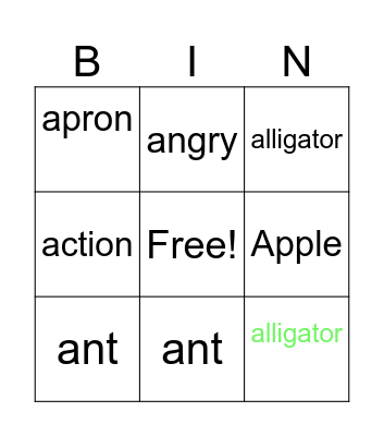Letter Aa Bingo Card