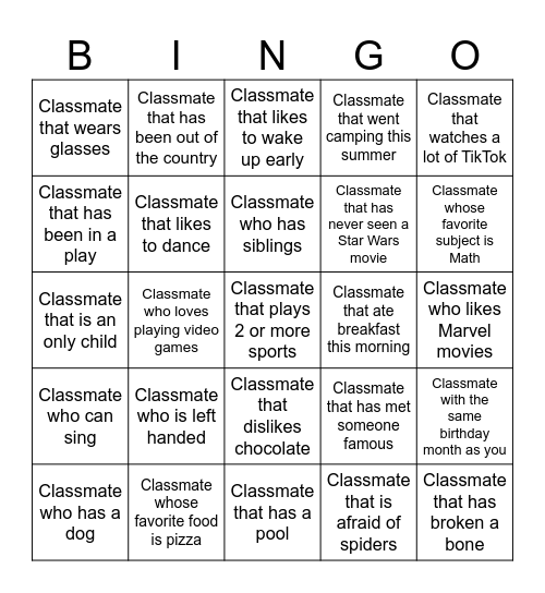 Classmate bingo! Bingo Card