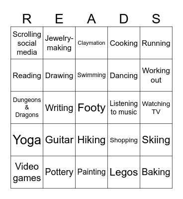 Hobbies Bingo Card
