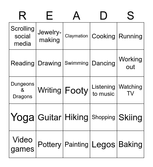 Hobbies Bingo Card