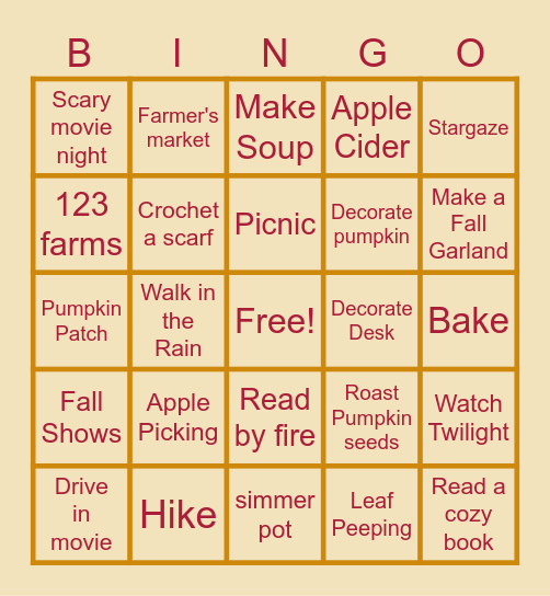 Cozy Autumn Bingo Card