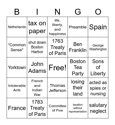 Unit 2      The American Revolution Bingo Card