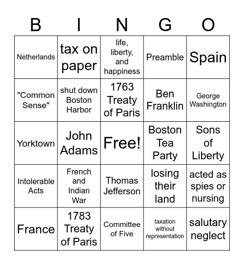 Unit 2      The American Revolution Bingo Card