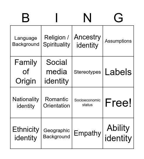 Identity Bingo: Grades 5–6 Bingo Card