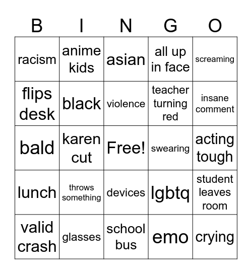 teacher crashouts Bingo Card