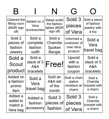 Vera, Fashion, Jewelry Bingo Card