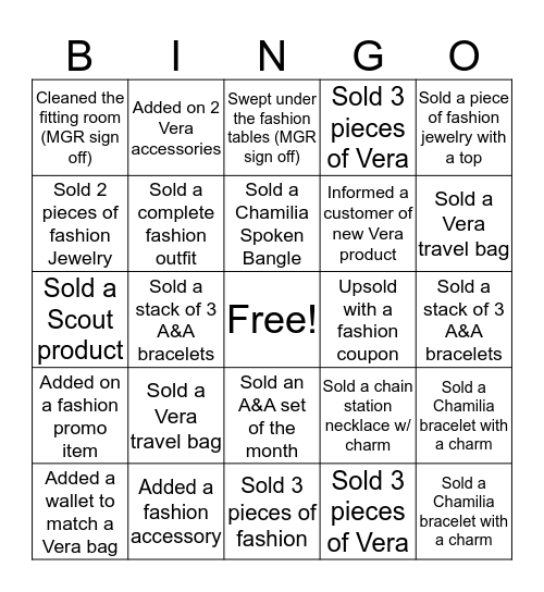 Vera, Fashion, Jewelry Bingo Card