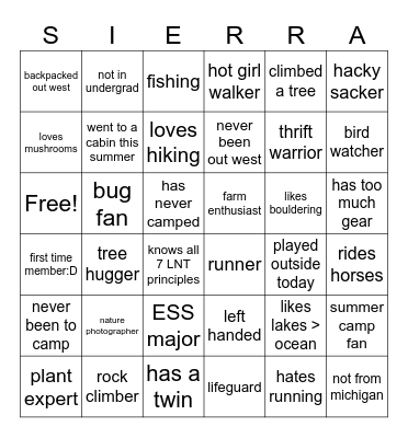 SIERRA Bingo Card