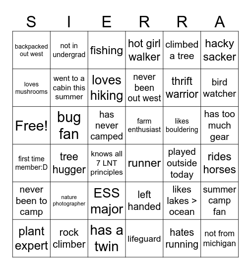 SIERRA Bingo Card