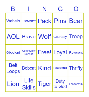 Pack 88 Bobcat Bingo Card